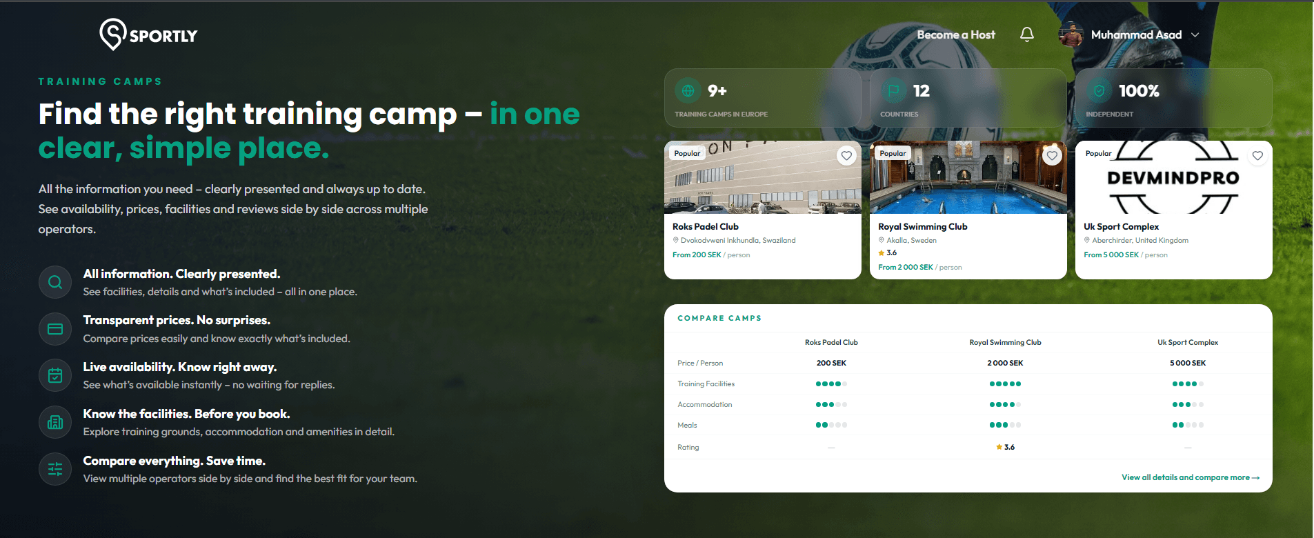 Sportly — Training Camp Marketplace - Next.js 16, TypeScript, Tailwind CSS, Redux Toolkit, React Query, Socket.IO, Stripe, Google Maps API, AWS S3, NextAuth by Muhammad Asad, Full Stack Engineer